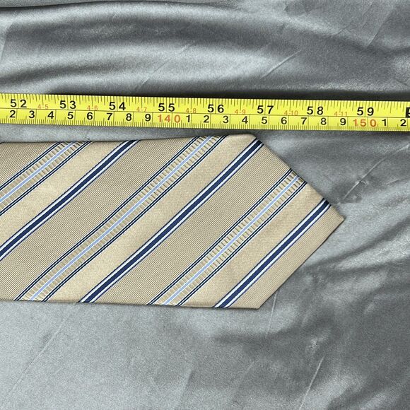 Michael Kors Mens Neck Tie Necktie Silk Tan Blue White Stripes 59” L 3.5” Gifts - Picture 9 of 9